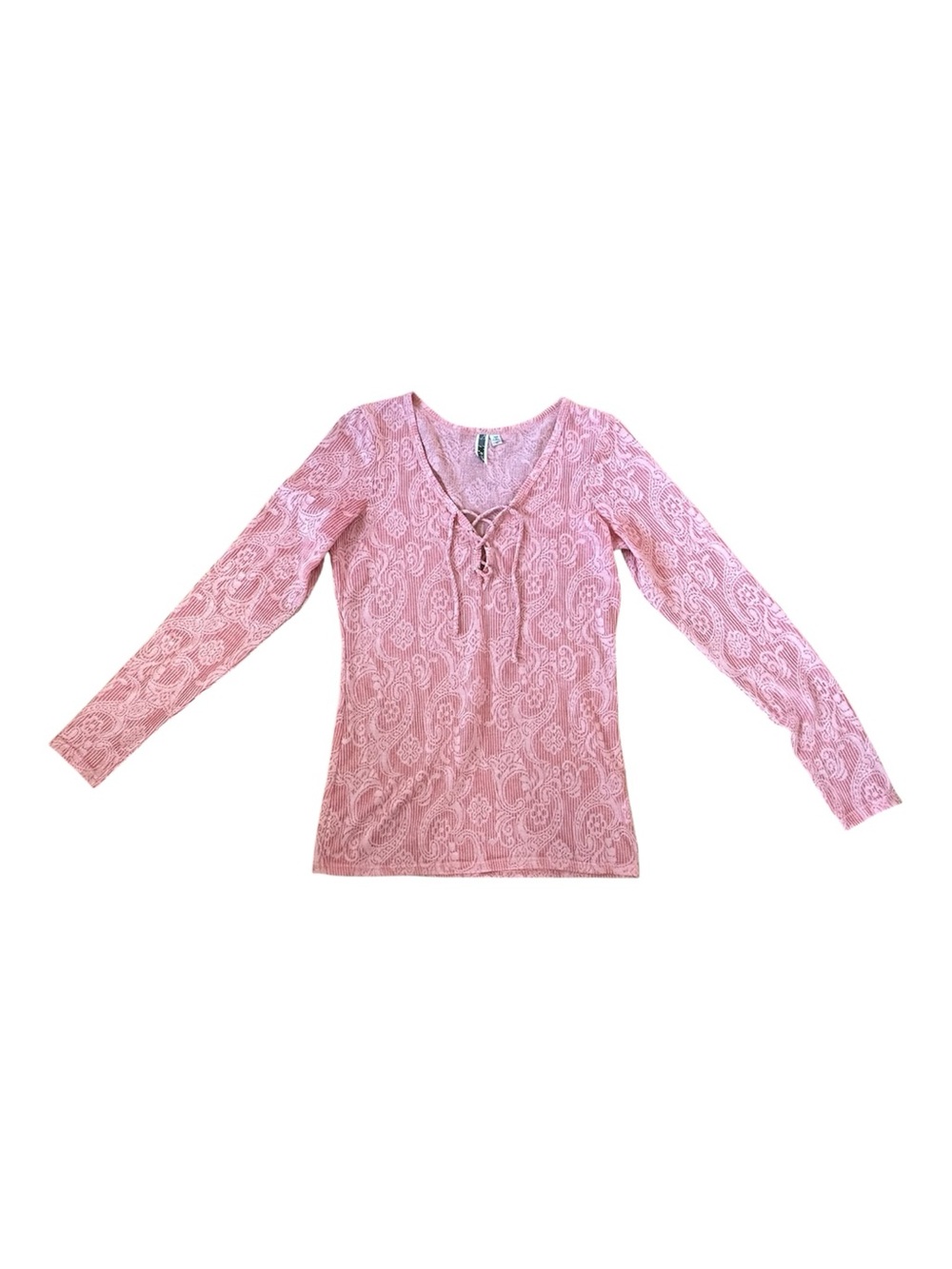 BKE Pink Printed Lace-Up Lightweight Long Sleeve V-Neck Top Size Medium